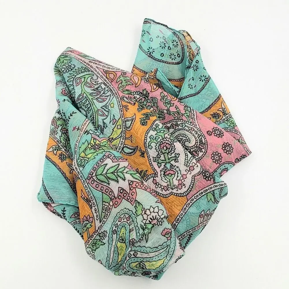 SACRED THREADS Boho Colorful Scarf Aqua Pink Paisley Floral Sheer Crinkle NEW
